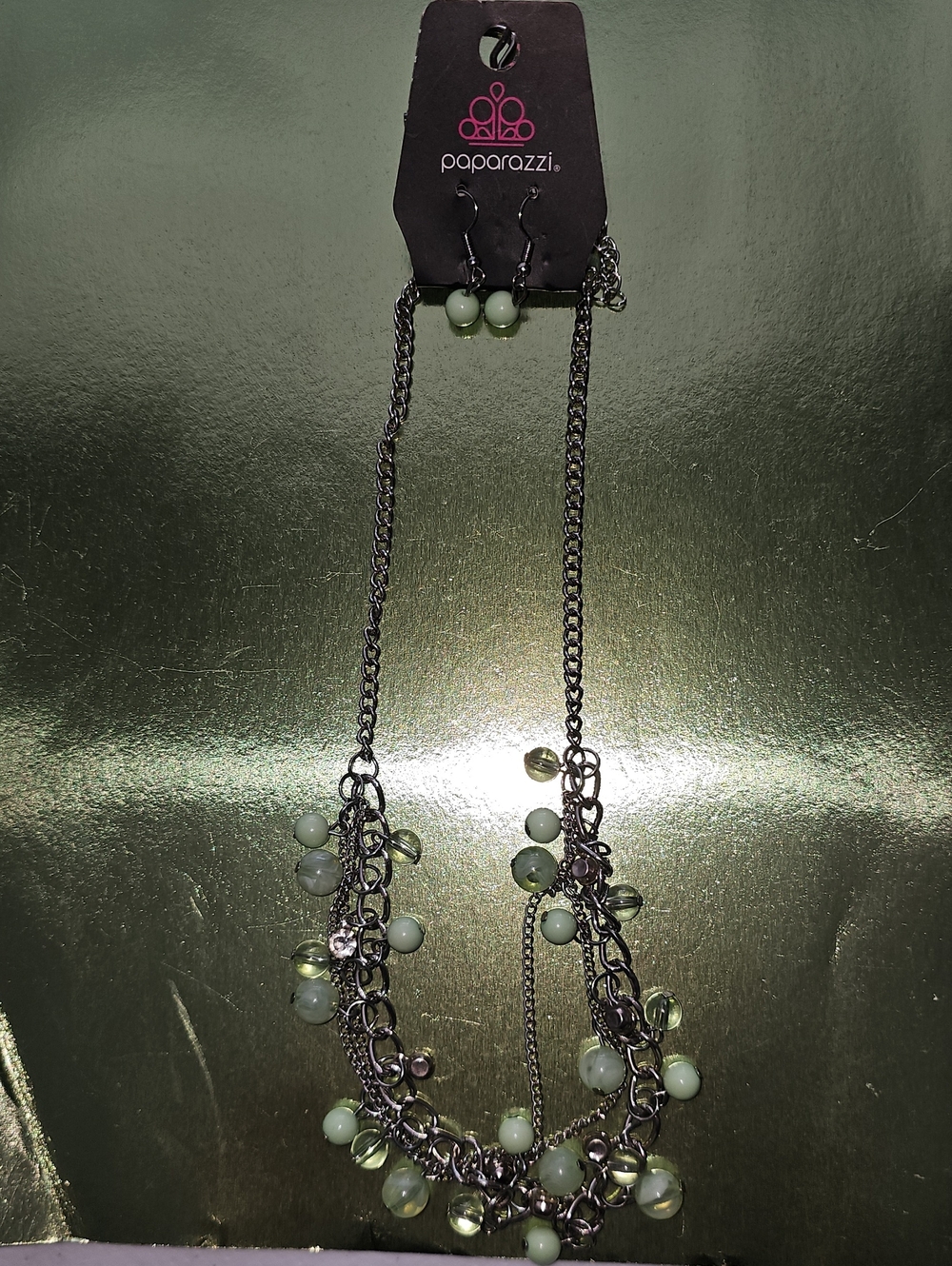 paparazzi Pale Green Beaded Layered Necklace with Gunmetal Chains